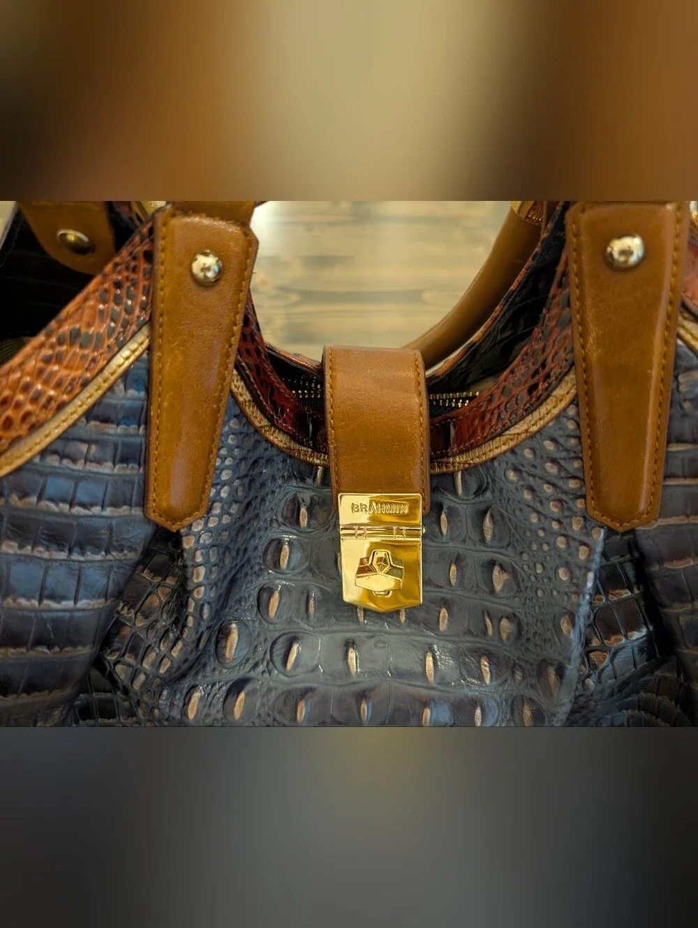 Brahmin Large Blue Brown Croc Satchel Purse Handbag
